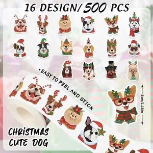 Festive Dog Christmas Stickers Roll - 500 PCS